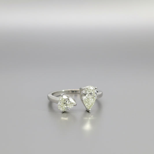 Eternal Love – 14K White Gold Heart & Pear Diamond Ring (1.02ct + 1.01ct) in Open Band Design