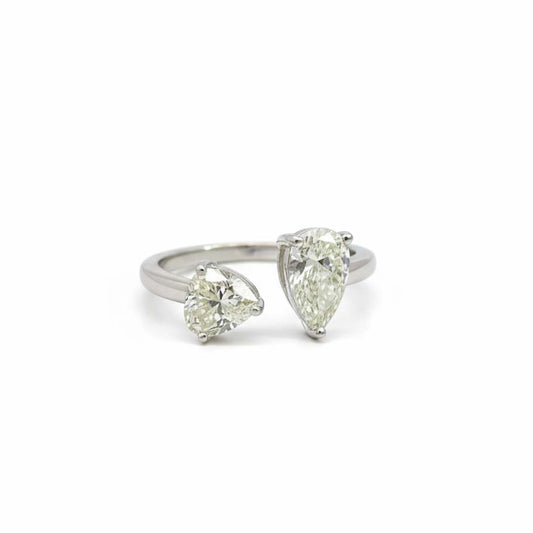 Eternal Love – 14K White Gold Heart & Pear Diamond Ring (1.02ct + 1.01ct) in Open Band Design