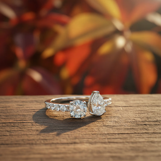 14K White Gold Round & Pear Cut Diamond Ring – 1.46 CT Center, 0.40 CT Side Stones
