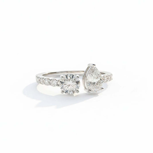 14K White Gold Round & Pear Cut Diamond Ring – 1.46 CT Center, 0.40 CT Side Stones