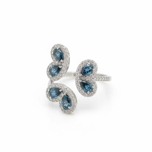 14K White Gold Ladies’ Ring with 1.16ct Natural Blue Diamonds and 0.55ct White Diamonds in a Pear-Cluster Halo Setting