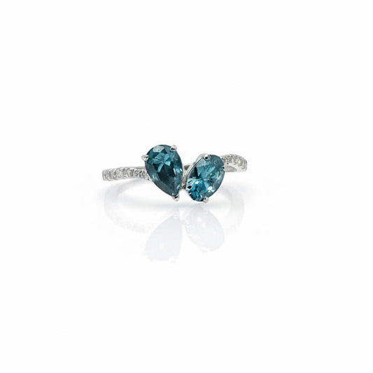 14K White Gold Ladies’ Ring Featuring 1.10ct Natural Blue Diamonds and 0.17ct White Diamonds with Pear-Cut Center Stones