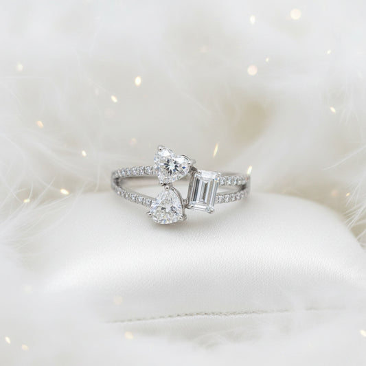 14K White Gold Heart and Emerald-Cut Diamond Ring – Split Shank Design (1.83ct Total)