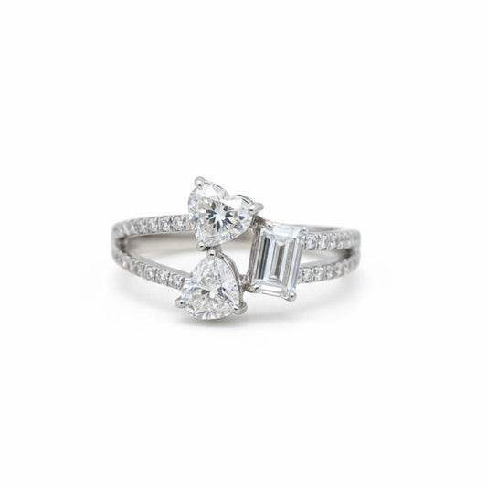14K White Gold Heart and Emerald-Cut Diamond Ring – Split Shank Design (1.83ct Total)