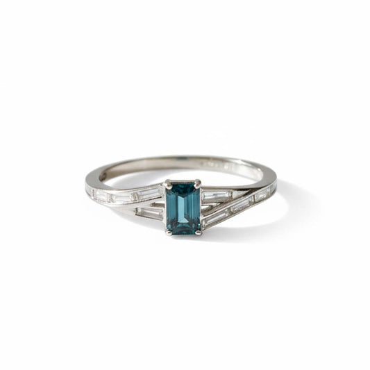 14K White Gold Blue & White Diamond Ring – 0.91 CTW Baguette Modern Design