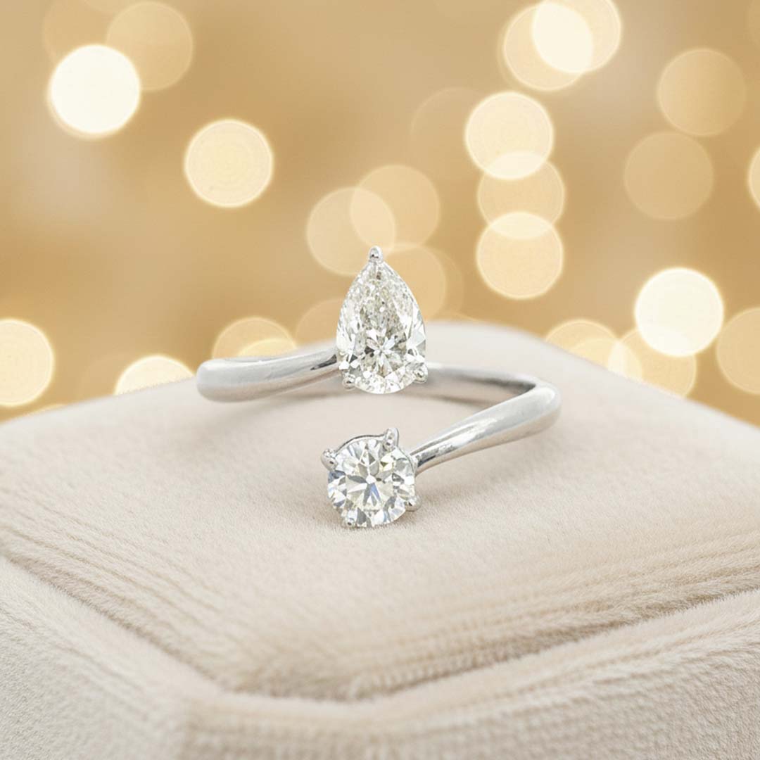 14K White Gold Oval & Pear Diamond Bypass Ring – Two-Stone Brilliance You’ll Fall in Love With