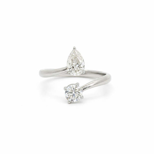 14K White Gold Oval & Pear Diamond Bypass Ring – Two-Stone Brilliance You’ll Fall in Love With