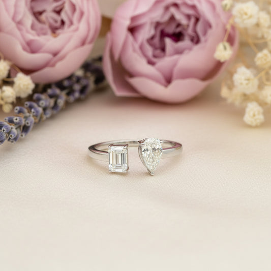 14K White Gold Pear & Emerald Cut Diamond Open Ring – Modern 1.00 CT TW Contemporary Design