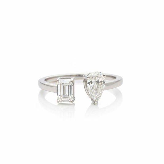 14K White Gold Pear & Emerald Cut Diamond Open Ring – Modern 1.00 CT TW Contemporary Design