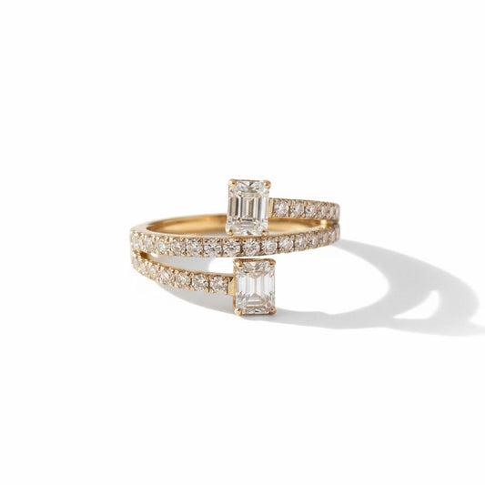 14K Gold Emerald Cut Diamond Bypass Ring – 1.49 CTW Pave Modern Elegance