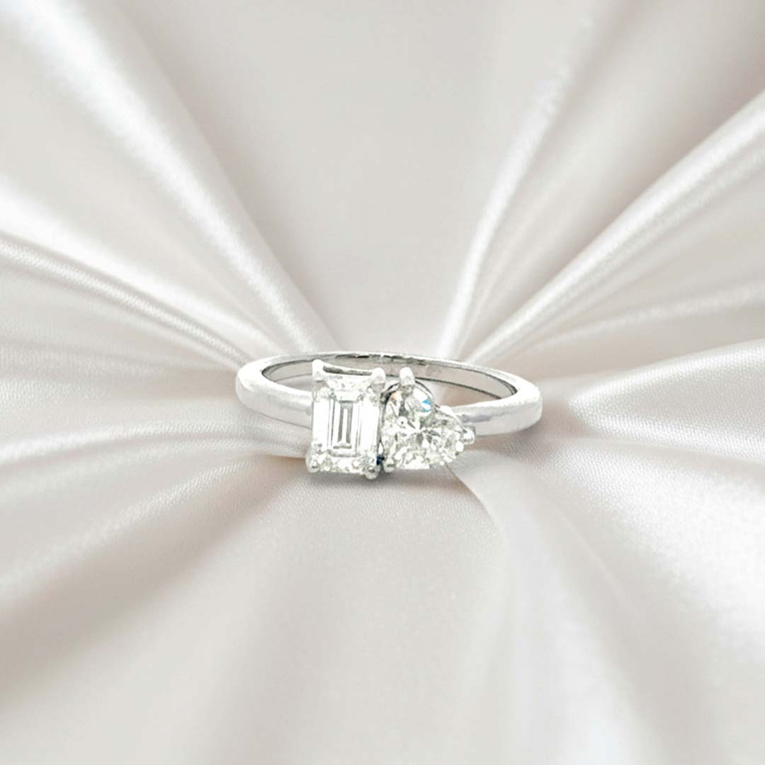 14K White Gold Heart & Emerald Cut Diamond Ring – 1.41 CTW Romantic Modern Design