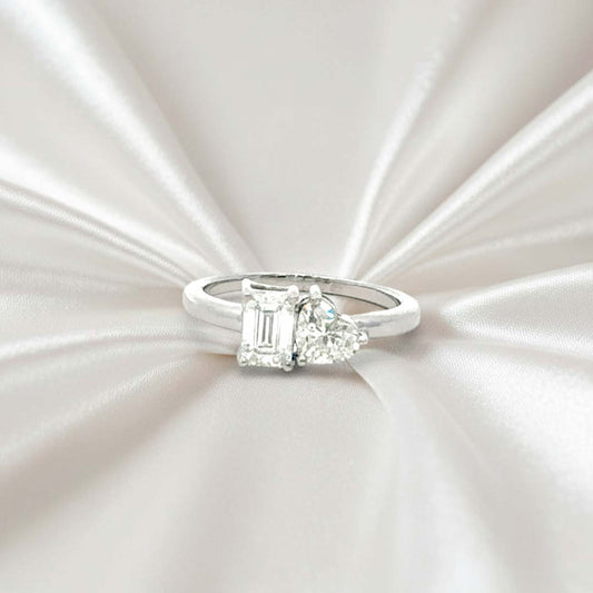 14K White Gold Heart & Emerald Cut Diamond Ring – 1.41 CTW Romantic Modern Design