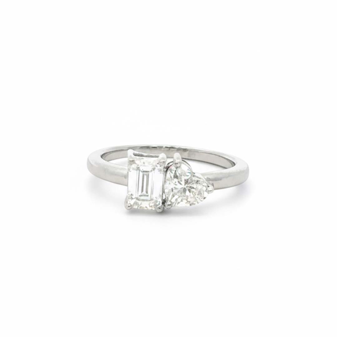 14K White Gold Heart & Emerald Cut Diamond Ring – 1.41 CTW Romantic Modern Design