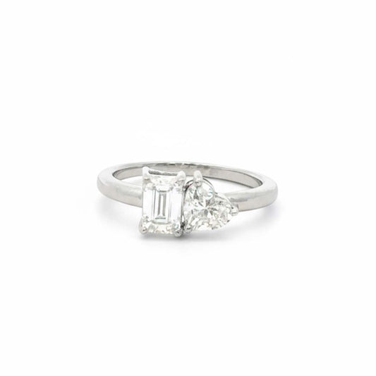 14K White Gold Heart & Emerald Cut Diamond Ring – 1.41 CTW Romantic Modern Design