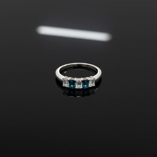 14K White Gold Emerald Cut Ring – 0.40 CT Blue Diamonds & 0.60 CT White Diamonds