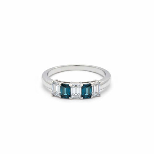 14K White Gold Emerald Cut Ring – 0.40 CT Blue Diamonds & 0.60 CT White Diamonds
