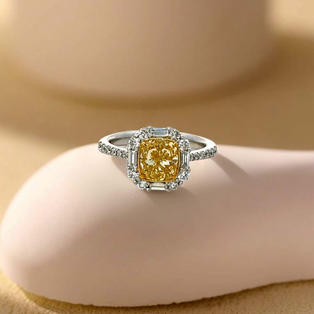 2.01ct Fancy Yellow Cushion-Cut Diamond Ring in 18K Gold with Baguette & Pavé Halo Diamonds