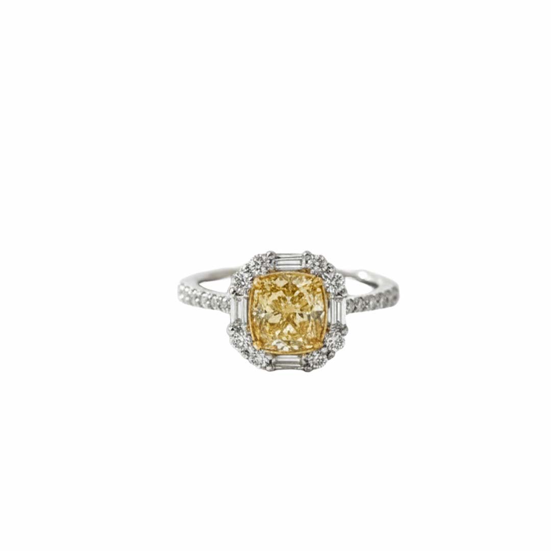 2.01ct Fancy Yellow Cushion-Cut Diamond Ring in 18K Gold with Baguette & Pavé Halo Diamonds