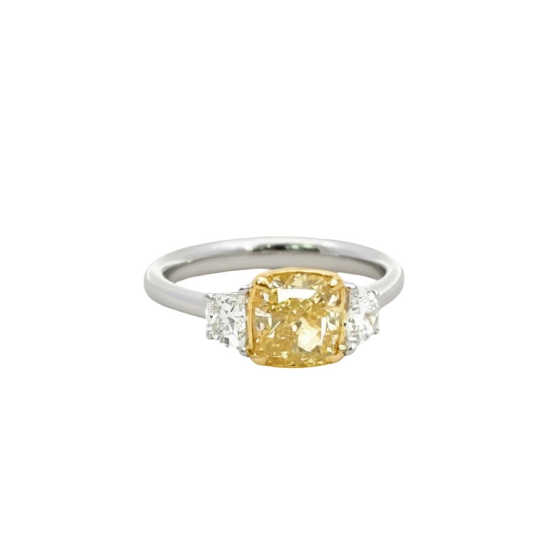 2.00ct Fancy Yellow Cushion-Cut Diamond Ring in 18K Gold with White Side Diamonds