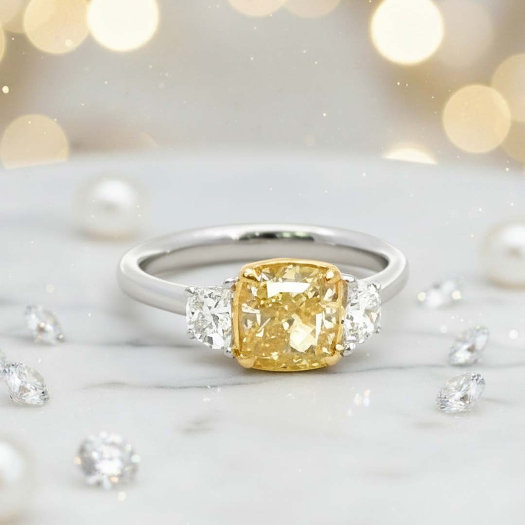 2.00ct Fancy Yellow Cushion-Cut Diamond Ring in 18K Gold with White Side Diamonds
