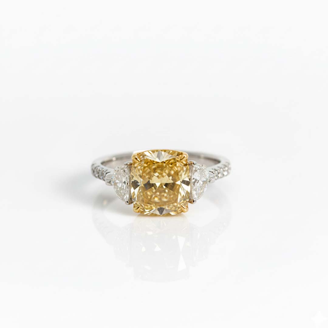 3.01ct Fancy Yellow Cushion-Cut Diamond Ring in 18K Gold with Trapezoid Side Diamonds