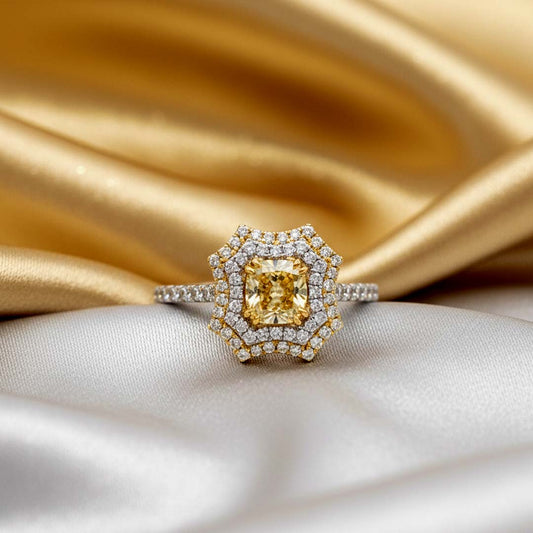 Elegant 18K Gold Fancy Yellow Diamond Ring with Starburst Double Halo | GIA Certified