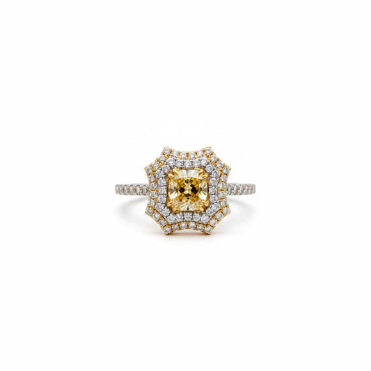 Elegant 18K Gold Fancy Yellow Diamond Ring with Starburst Double Halo | GIA Certified