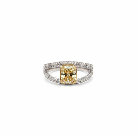 Elegant 18KT Gold Fancy Yellow Cushion Diamond Ring with White Diamond Accents – 2.48 Cts