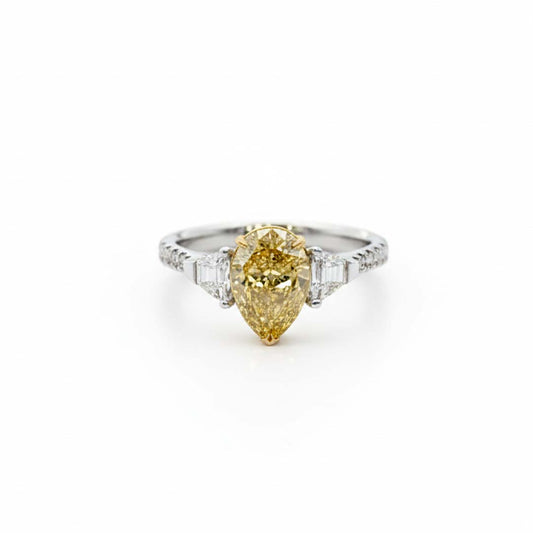 Elegant 18K Gold Fancy Yellow Diamond Ring with Baguette and Pavé Accents