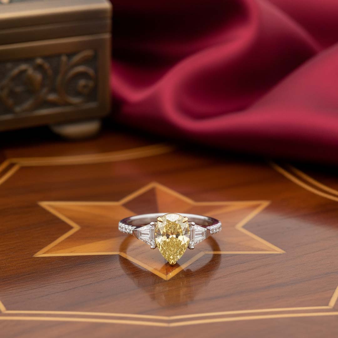 Elegant 18K Gold Fancy Yellow Diamond Ring with Baguette and Pavé Accents