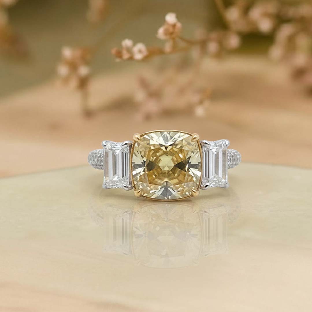 Exquisite 18K Gold Fancy Yellow Diamond Ring with Emerald-Cut Accents & Pavé Band