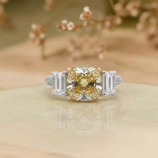 Exquisite 18K Gold Fancy Yellow Diamond Ring with Emerald-Cut Accents & Pavé Band
