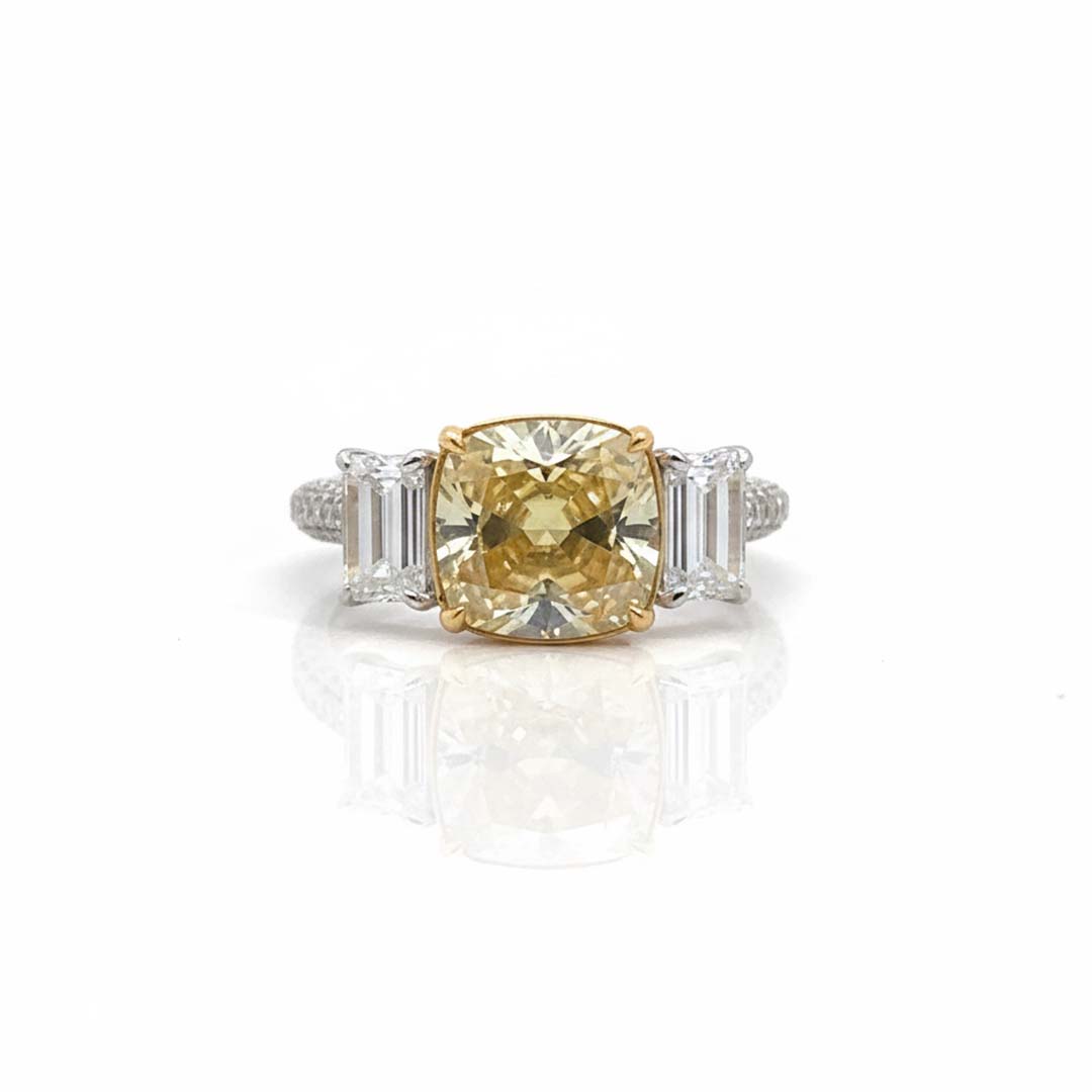 Exquisite 18K Gold Fancy Yellow Diamond Ring with Emerald-Cut Accents & Pavé Band