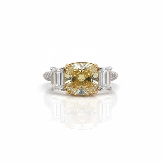 Exquisite 18K Gold Fancy Yellow Diamond Ring with Emerald-Cut Accents & Pavé Band