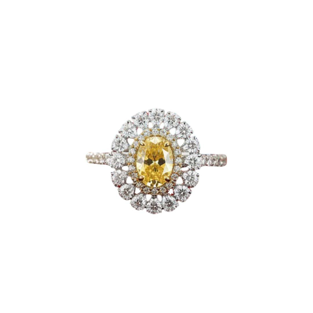 18KT Gold GIA Certified Fancy Yellow Oval Diamond Halo Ring – 1.98 Cts