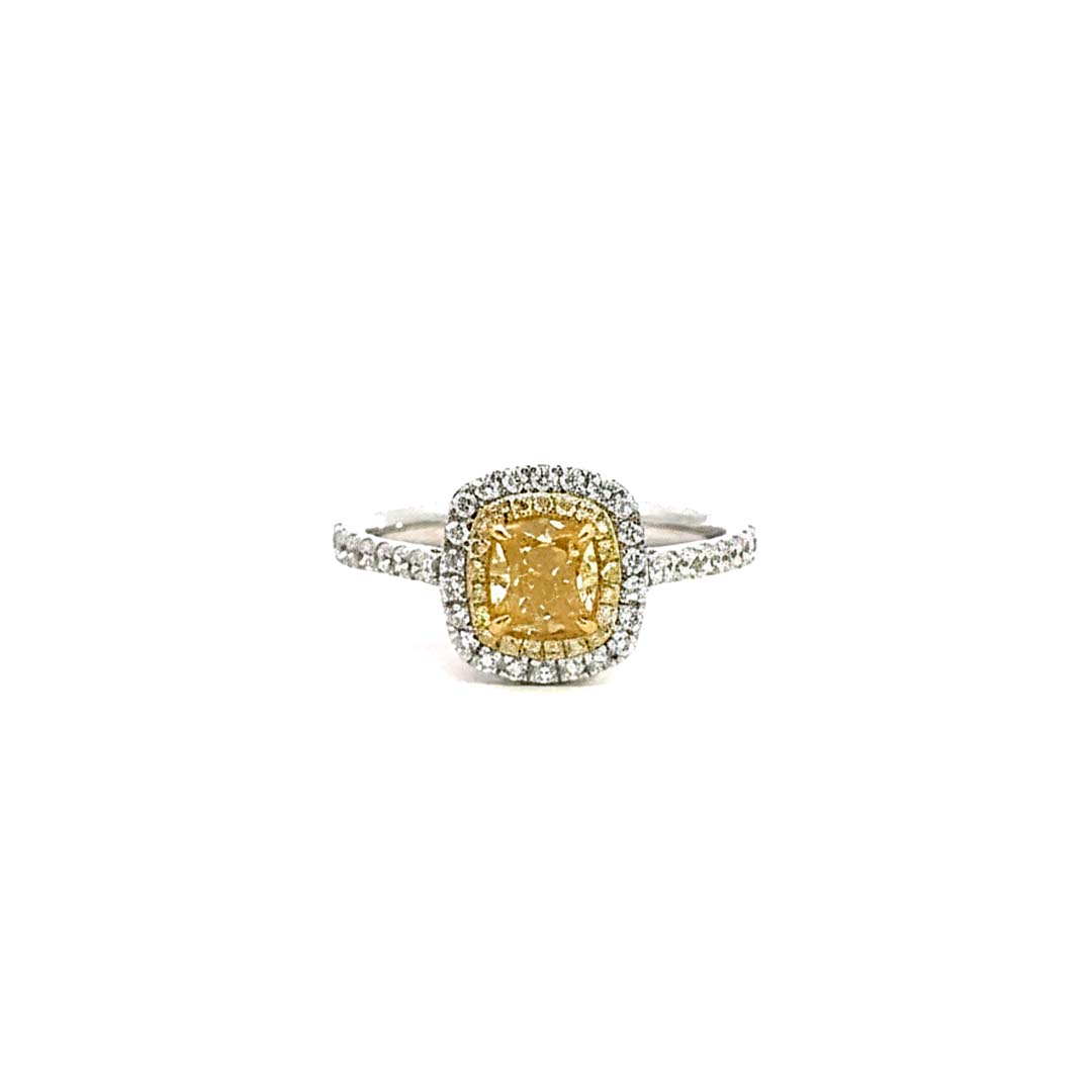 GIA Certified 1.01ct Fancy Yellow Cushion Diamond Ring – Halo Design with White Diamonds