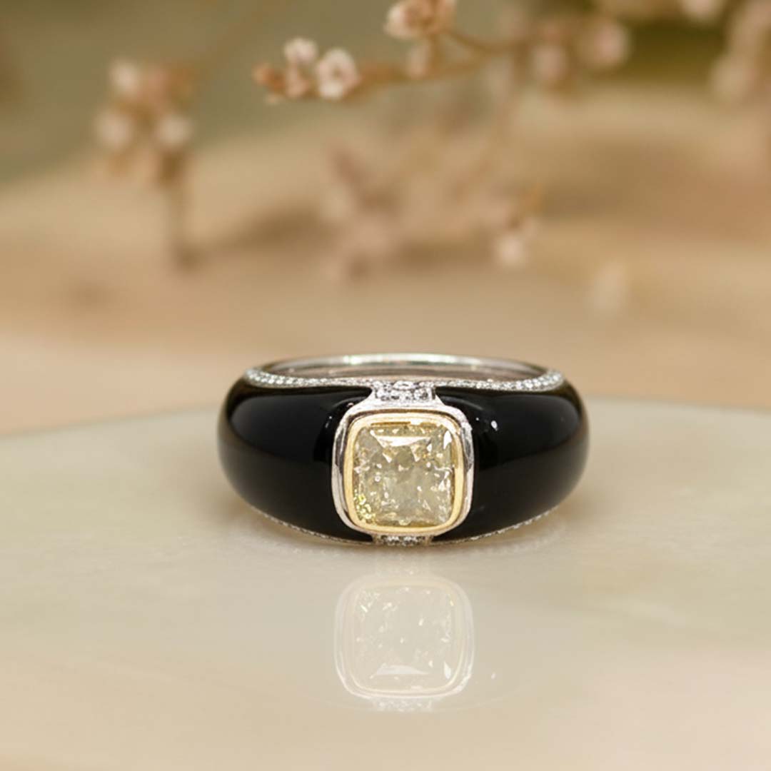 18KT Gold Cushion-Cut Yellow Diamond Ring with Black Enamel Band | 2.01ct GIA Certified Center & 0.22ct Side Diamonds