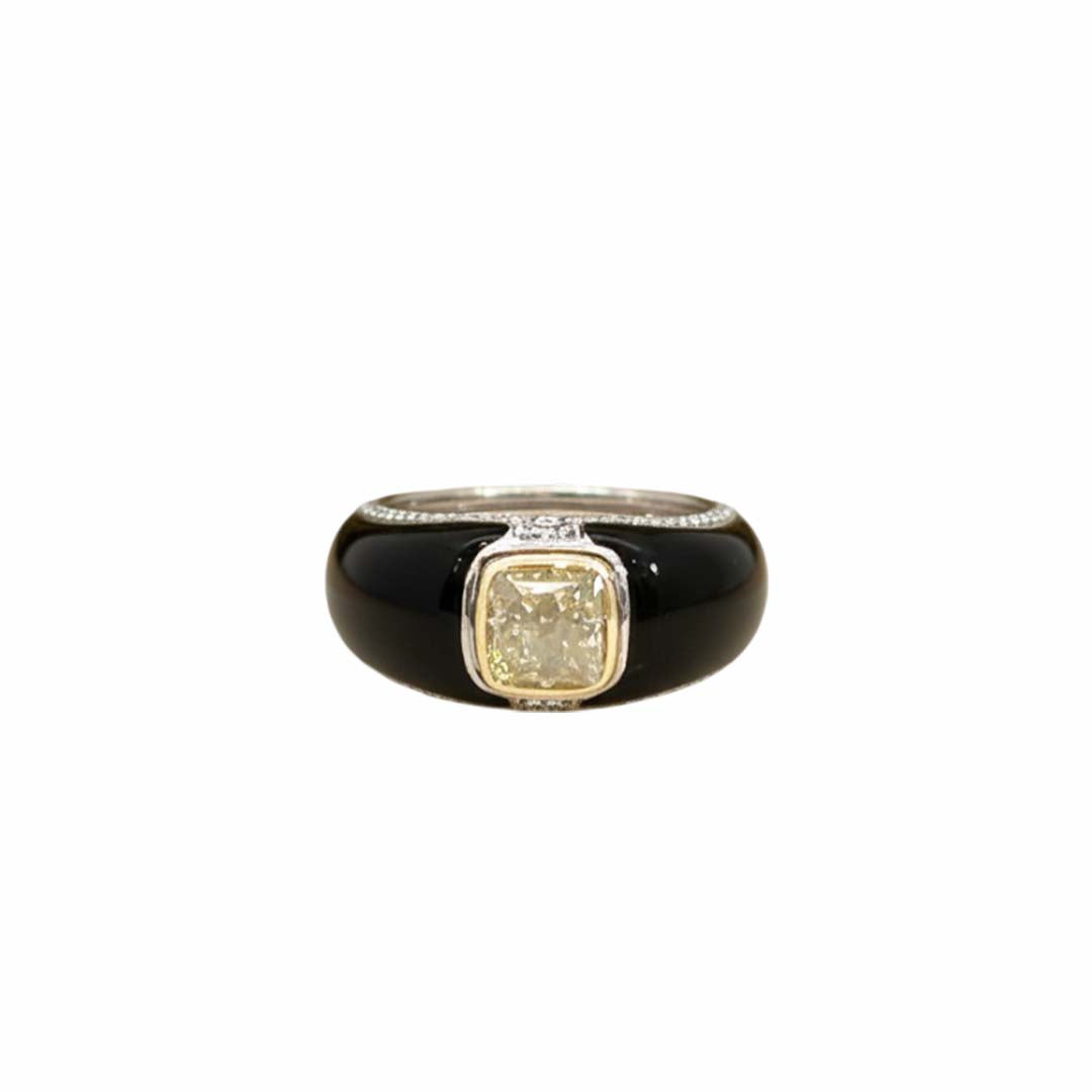 18KT Gold Cushion-Cut Yellow Diamond Ring with Black Enamel Band | 2.01ct GIA Certified Center & 0.22ct Side Diamonds