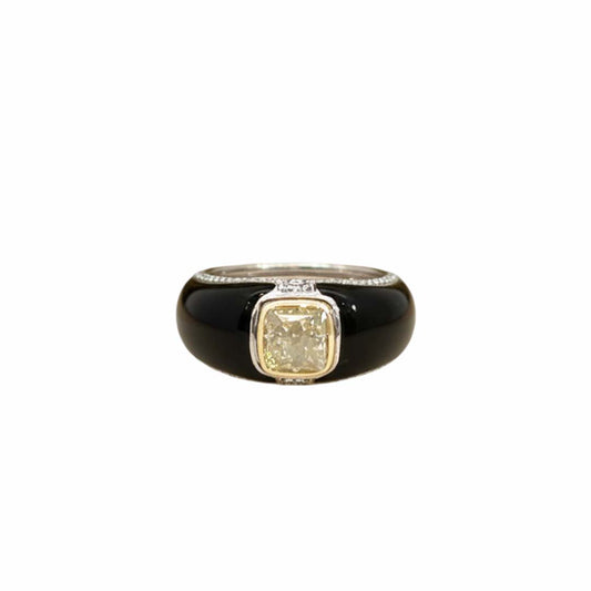18KT Gold Cushion-Cut Yellow Diamond Ring with Black Enamel Band | 2.01ct GIA Certified Center & 0.22ct Side Diamonds