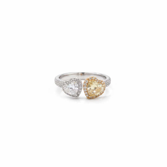 Eternal Hearts: Fancy Yellow & White Diamond Ring with Dual Halo Design