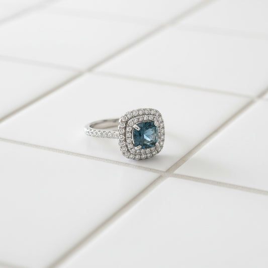 18K White Gold Blue Diamond Double Halo Ring – 2.68 CTW Cushion Cut Luxury Design