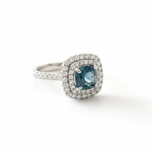 18K White Gold Blue Diamond Double Halo Ring – 2.68 CTW Cushion Cut Luxury Design