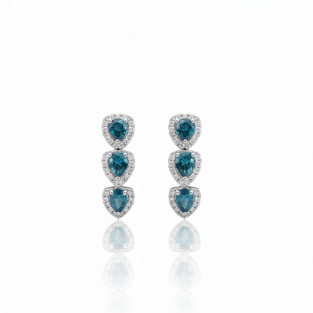 14K WG Pear Halo Drop Earrings with Blue & White Diamonds