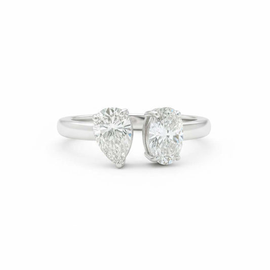 Fine 14K White Gold Oval & Pear Diamond Ring – Two-Stone Bypass Setting, 1.41ct Total Weight
