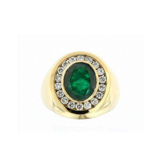 14KT Yellow Gold Men’s Ring Featuring 6.10ct Vivid Oval Emerald Surrounded by 1.13ct Diamonds