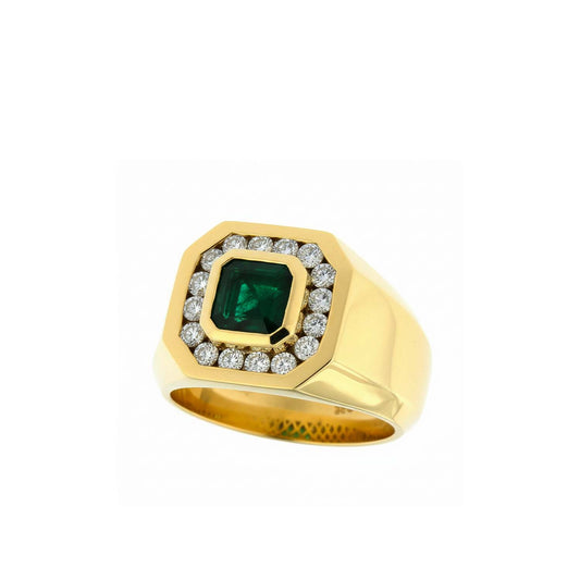 Men’s 14KT Yellow Gold Ring with 1.86ct Square-Cut Emerald & 0.90ct Diamond Halo