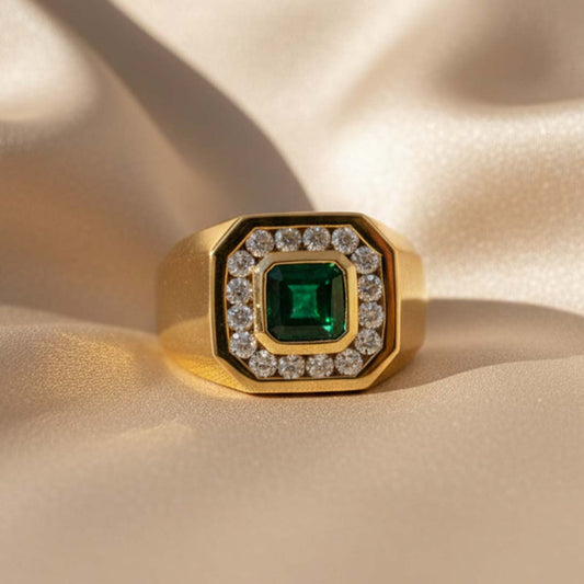 Men’s 14KT Yellow Gold Ring with 1.86ct Square-Cut Emerald & 0.90ct Diamond Halo