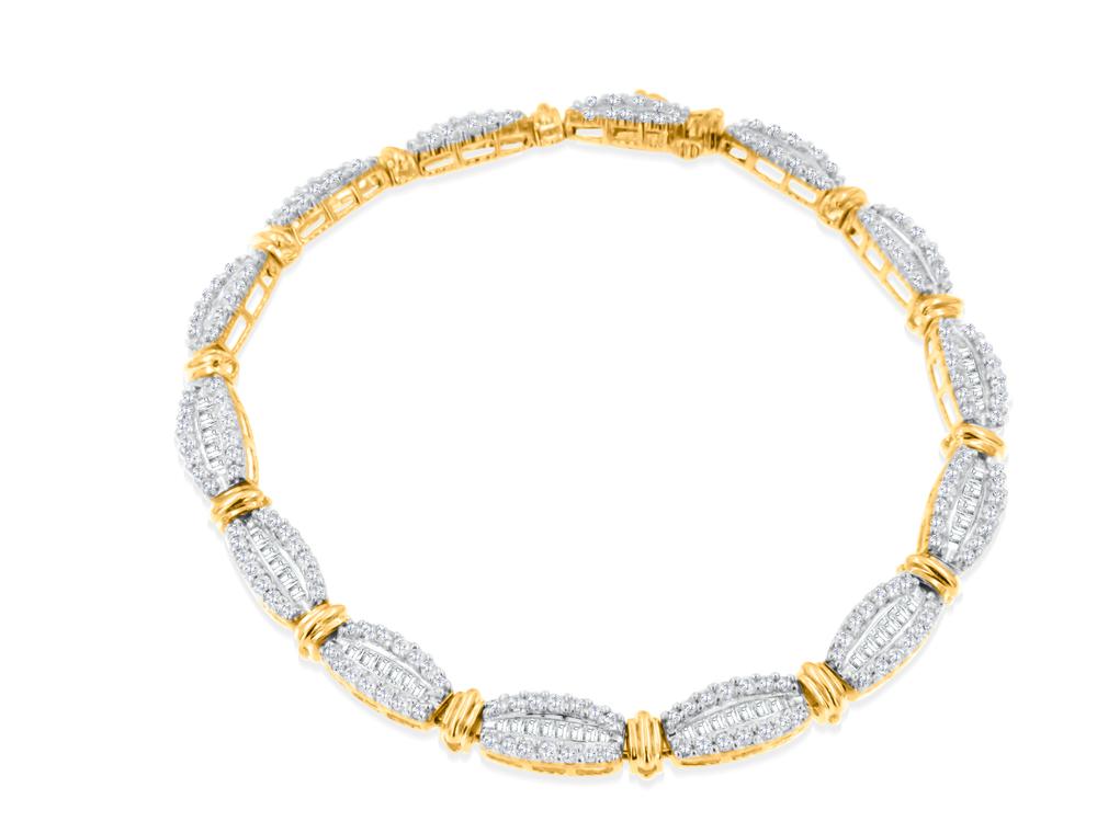 White Diamond Round and Baguette Bracelet in 14k Yellow Gold